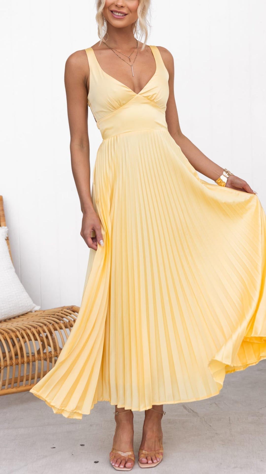 Roosire® | Gele geplooide V-hals maxi jurk