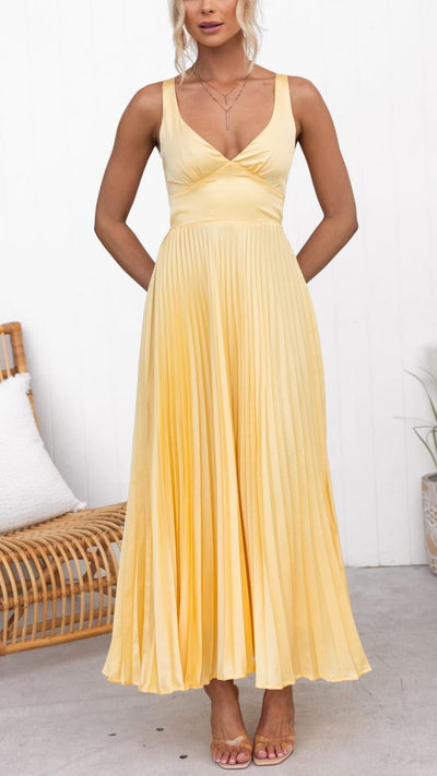 Roosire® | Gele geplooide V-hals maxi jurk