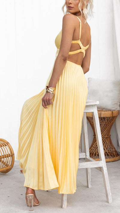 Roosire® | Gele geplooide V-hals maxi jurk