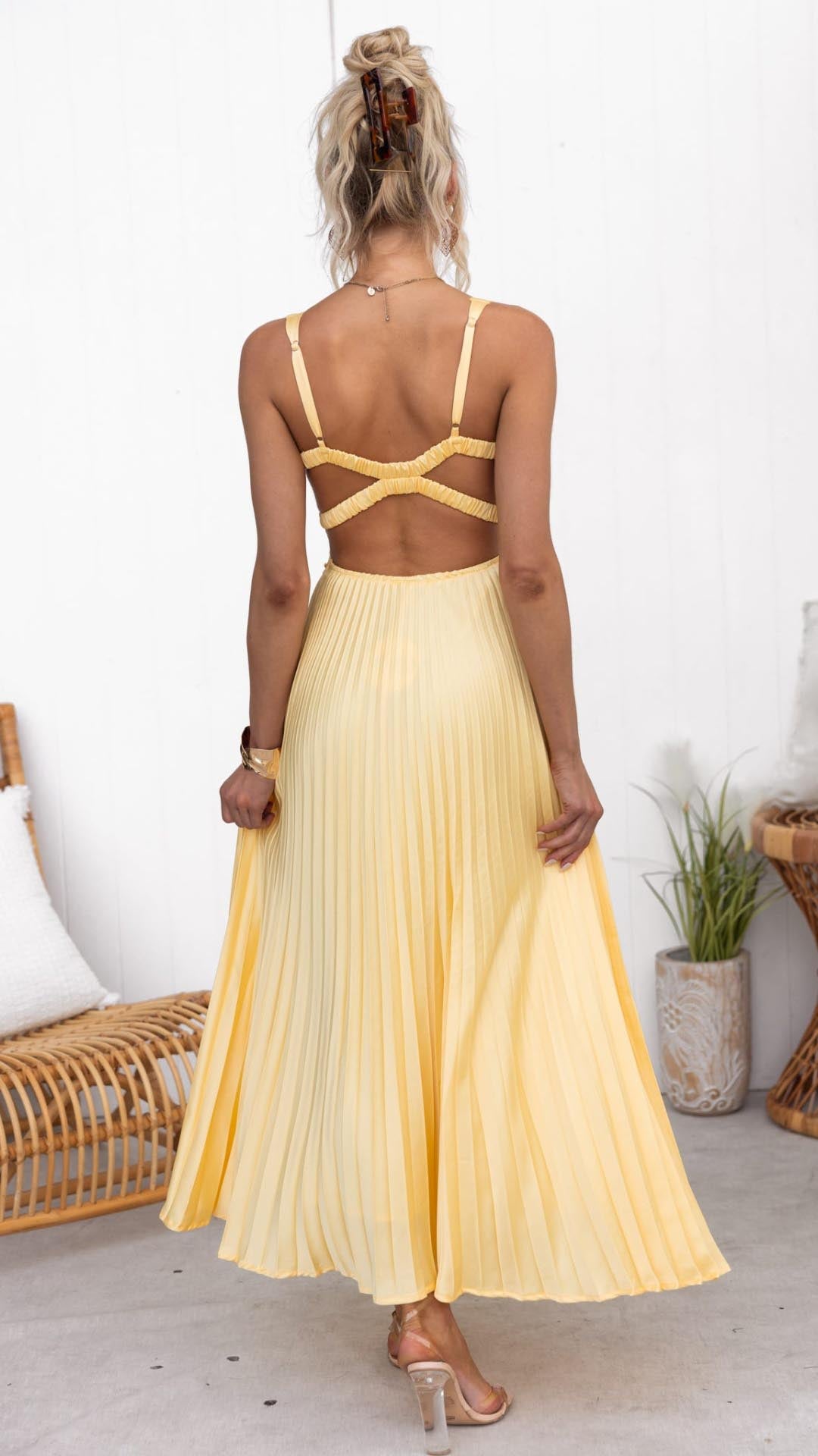 Roosire® | Gele geplooide V-hals maxi jurk